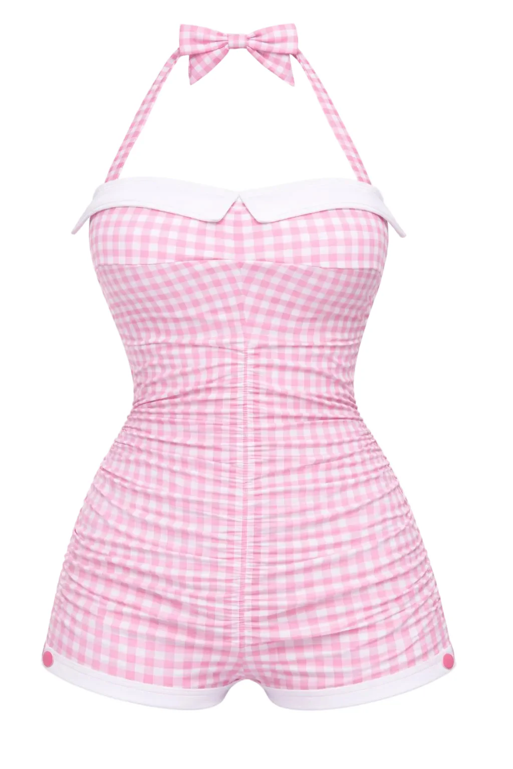 Pink Gingham 1950s Halter Bowknot One-piece Swimsuit