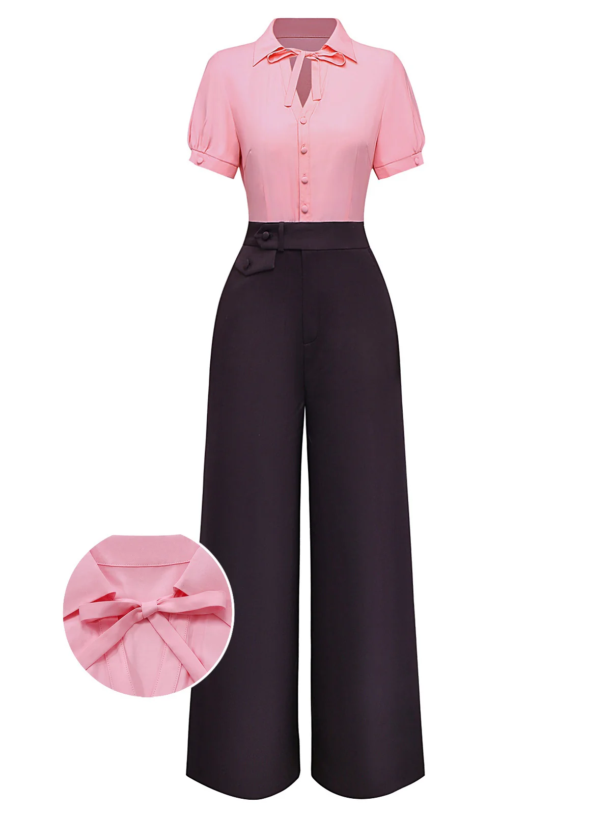 Pink & Gray 1930s Bow Collar Lapel Jumpsuit - Image 3