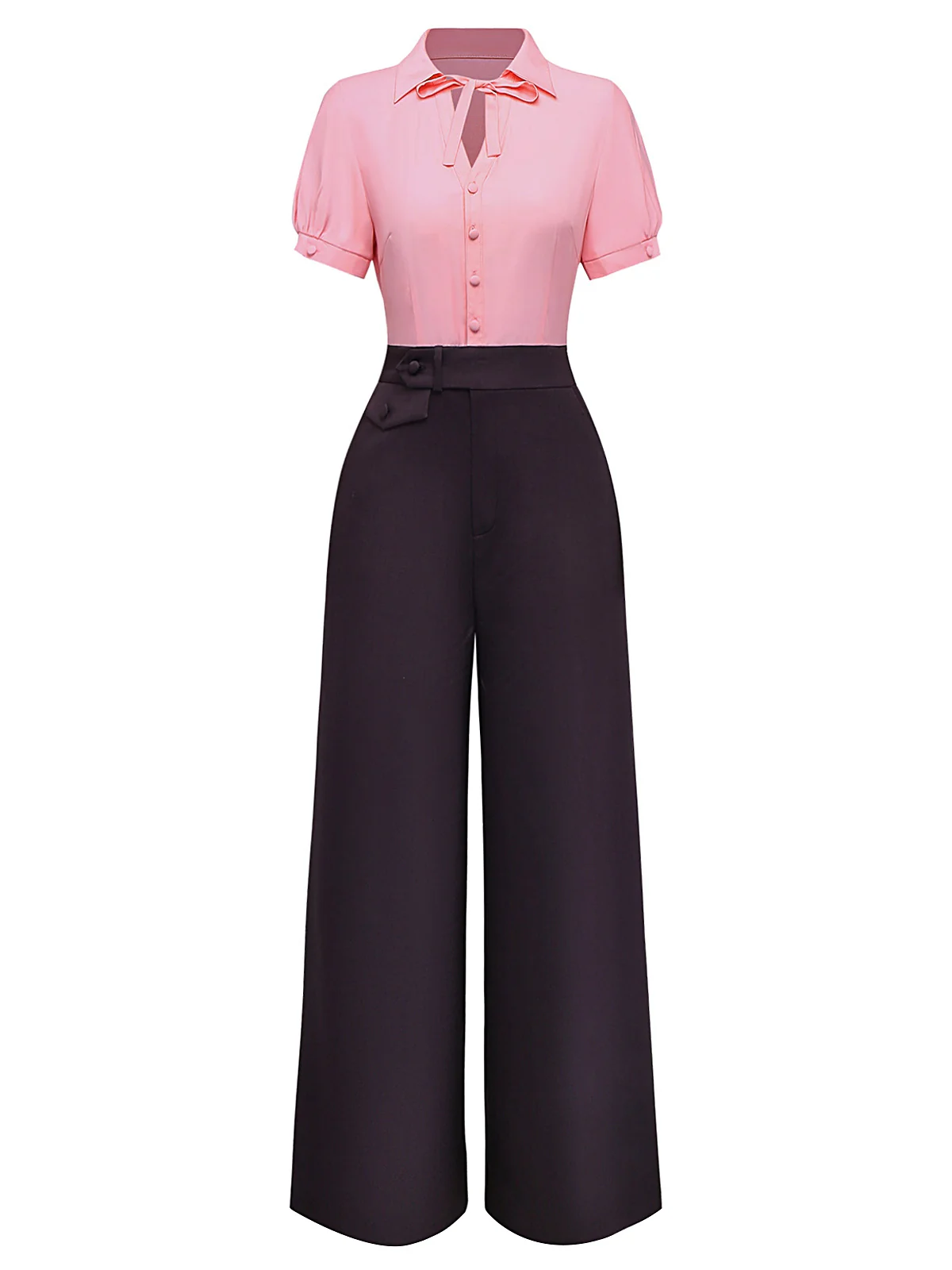 Pink & Gray 1930s Bow Collar Lapel Jumpsuit - Image 4