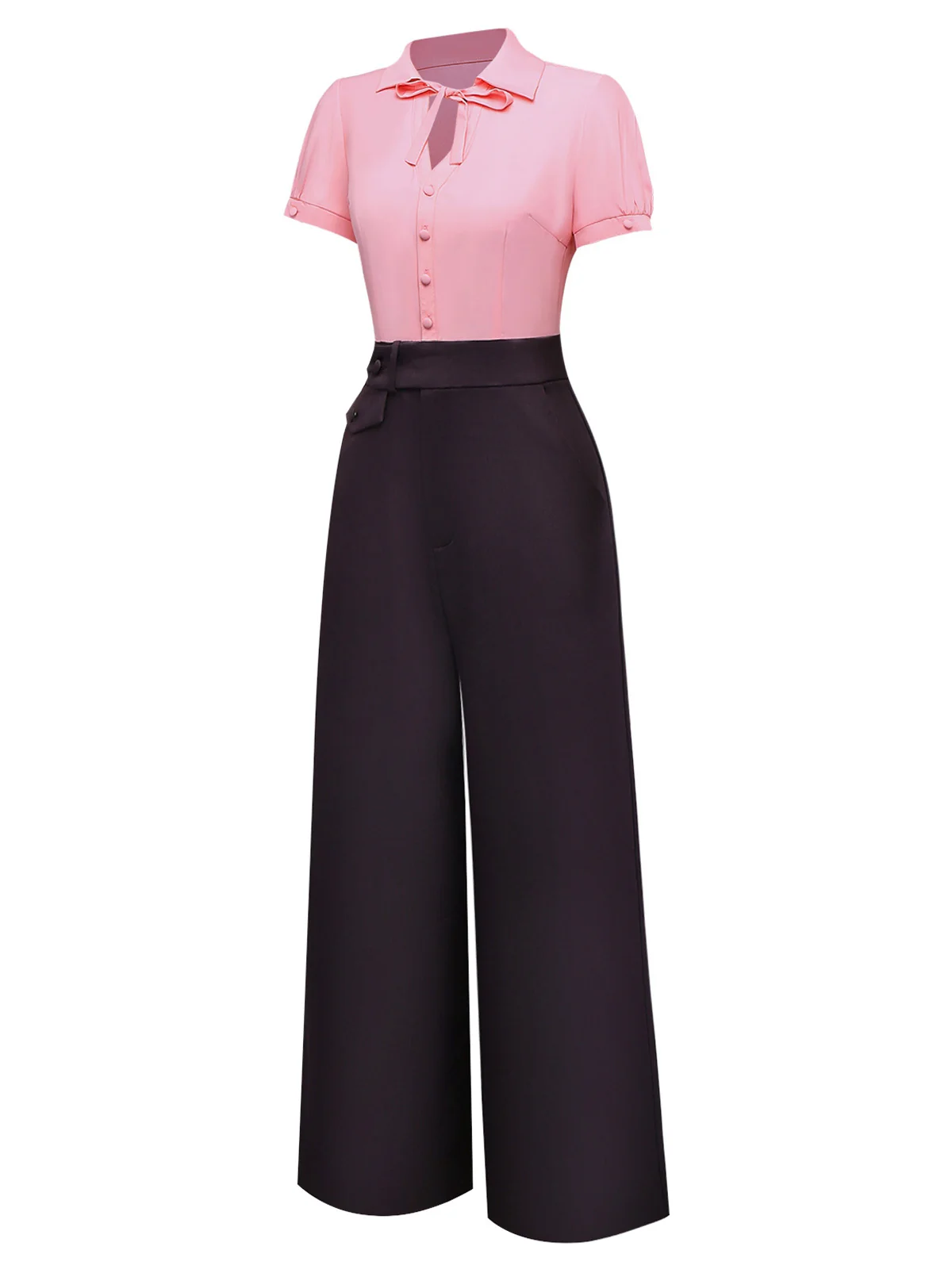 Pink & Gray 1930s Bow Collar Lapel Jumpsuit - Image 5