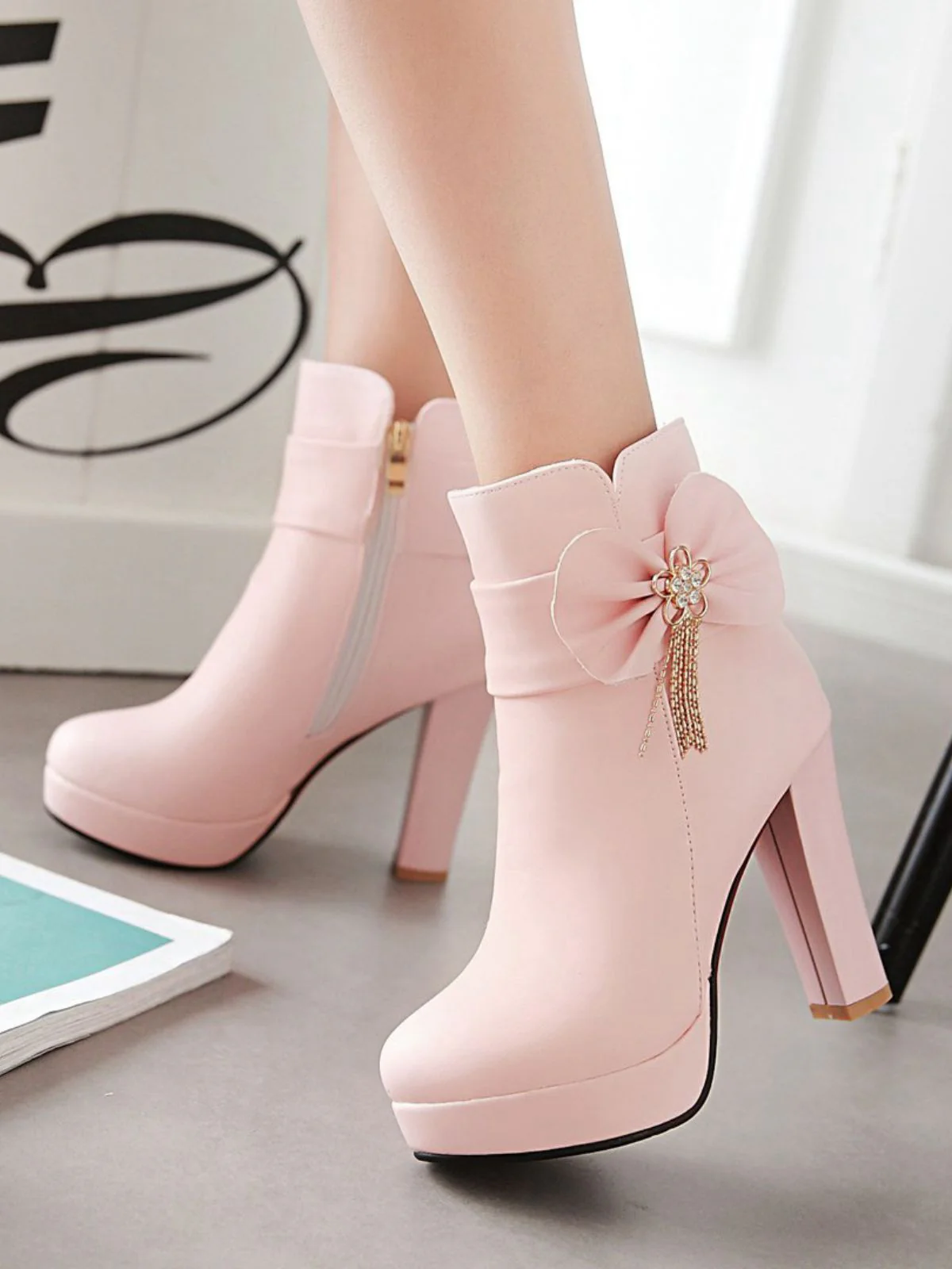 Pink Leather Bow High Heel Ankle Boots - Image 3