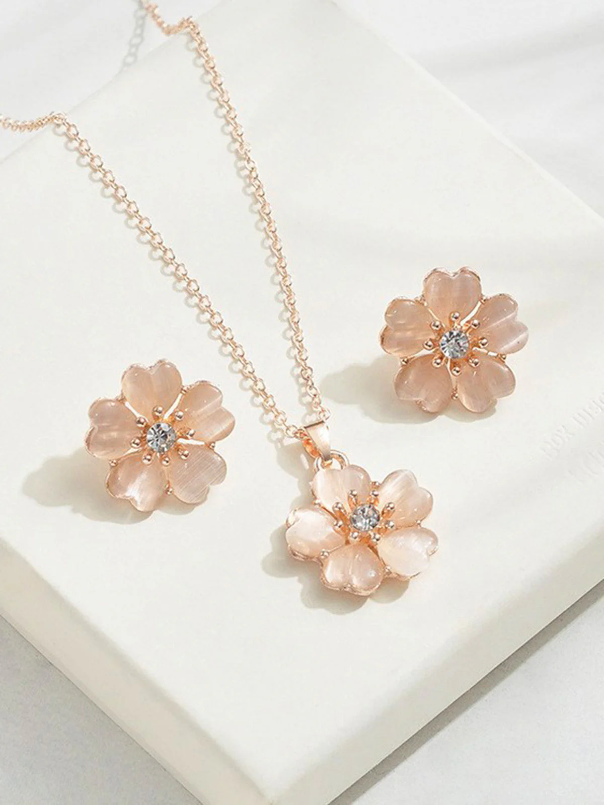 Pink Pendant Crystal Flower Necklace & Earrings Set - Image 3