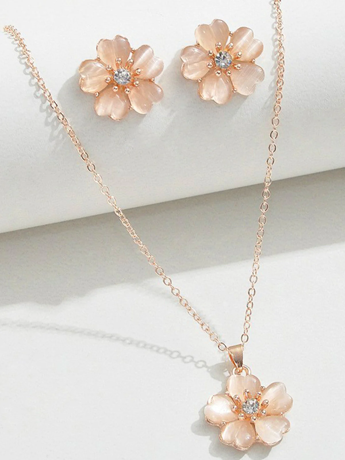 Pink Pendant Crystal Flower Necklace & Earrings Set - Image 4