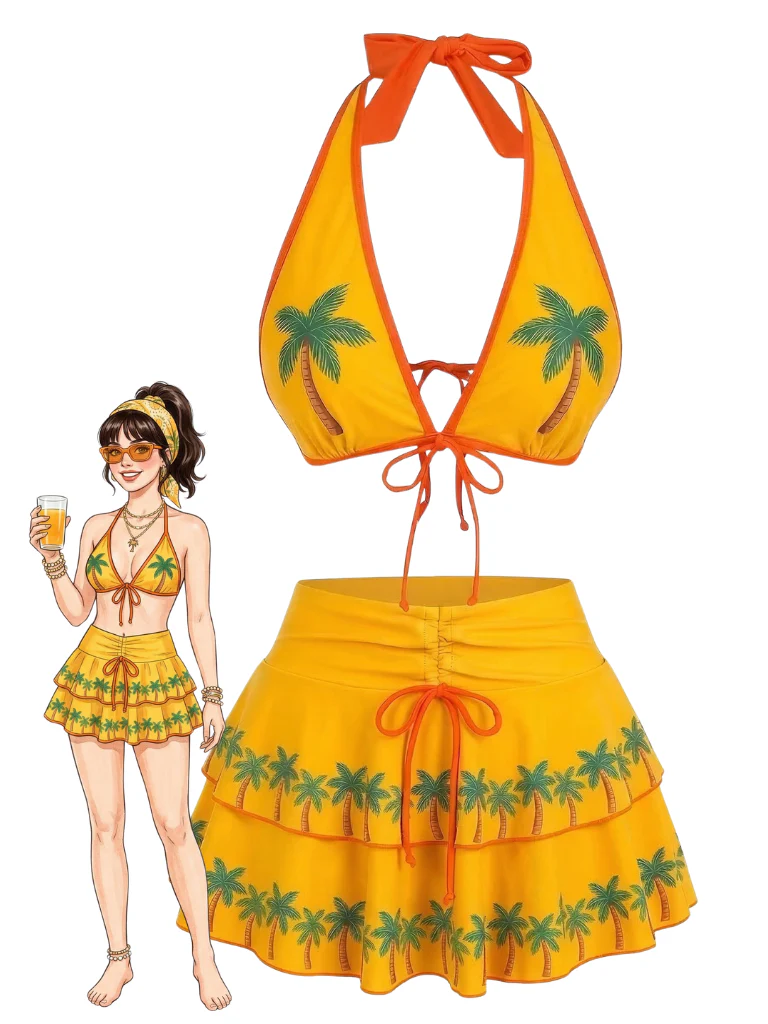 [Pre-Sale] Pink Strawberry 1960s Floral Print Tie-Front Layered Bikini Set - Image 2