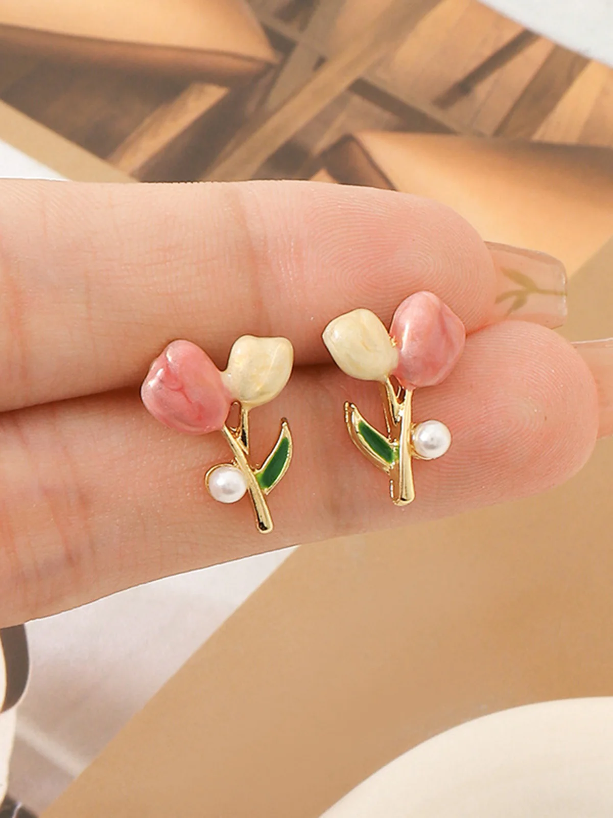Pink Tulip Flower Pearl Stud Earrings - Image 2