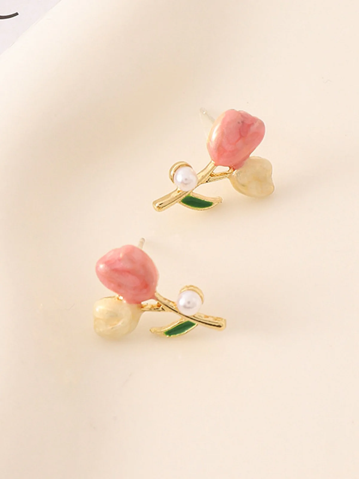 Pink Tulip Flower Pearl Stud Earrings - Image 3