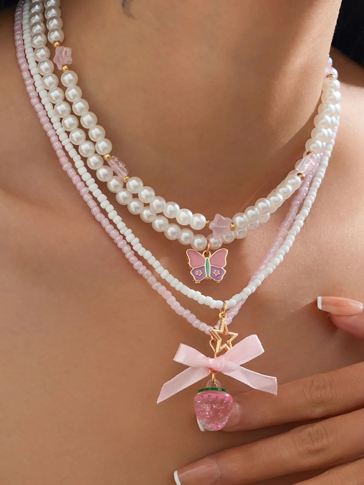 Pink & White Pearl Bow Butterfly Necklace Set - Image 2