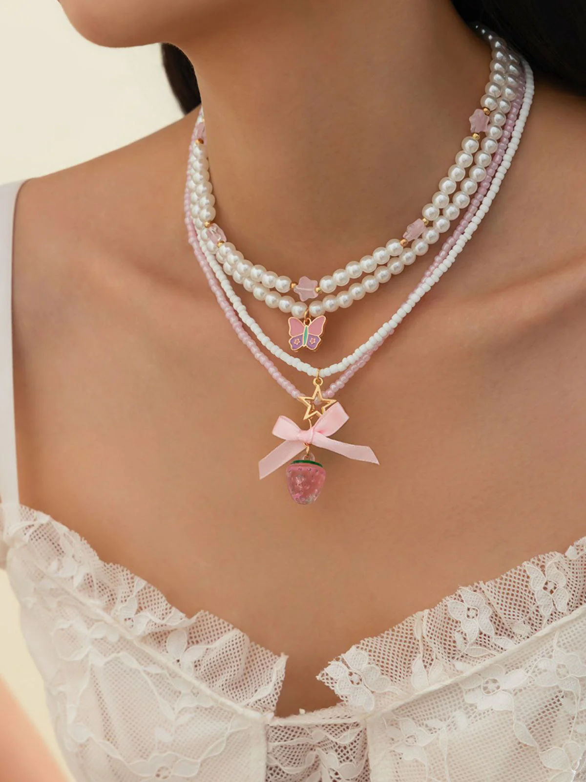 Pink & White Pearl Bow Butterfly Necklace Set - Image 3