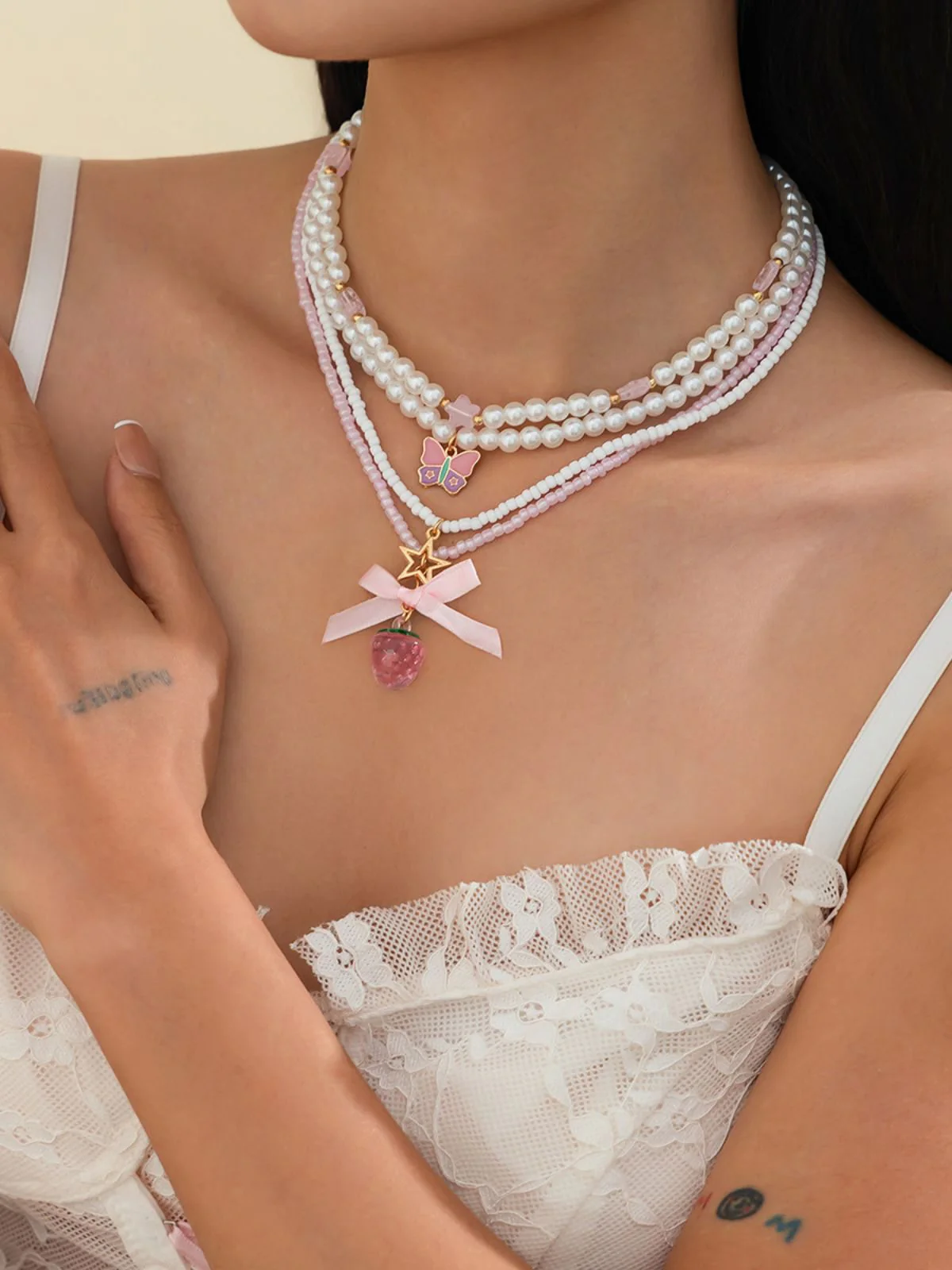 Pink & White Pearl Bow Butterfly Necklace Set - Image 4