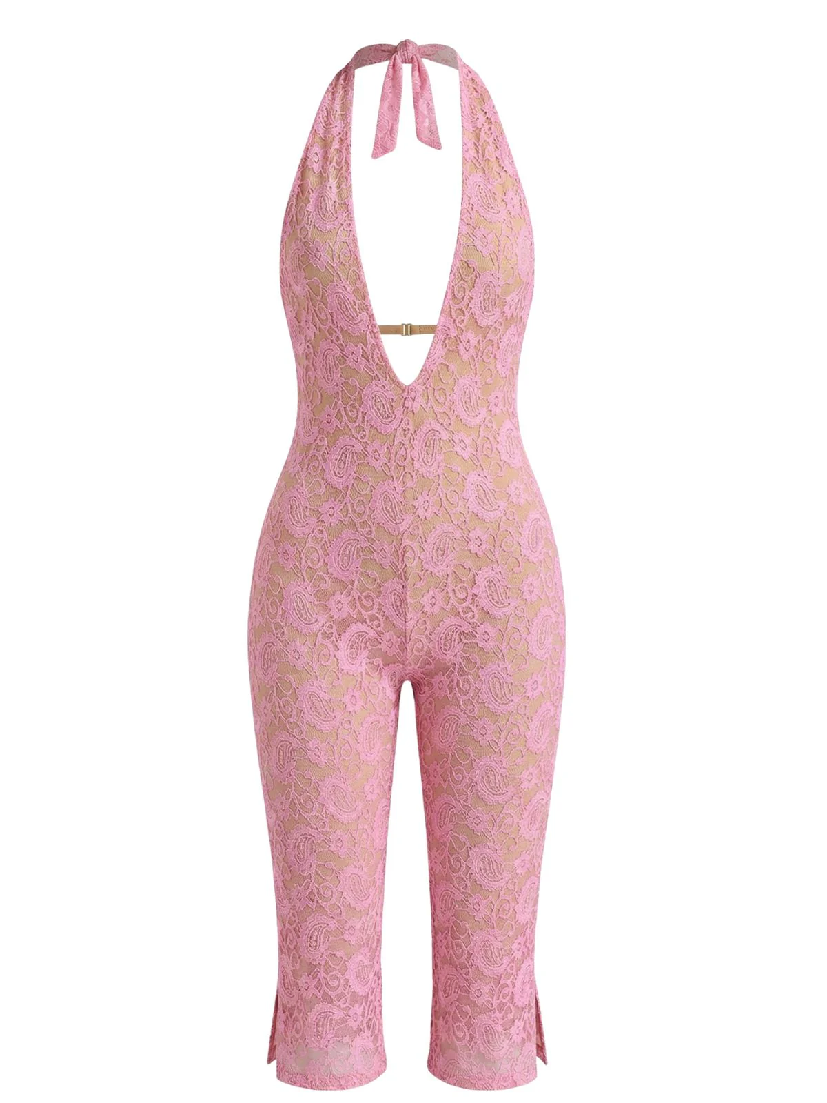 Pink Y2K Floral Lace Halter Plunging Backless Bodycon Jumpsuit - Image 2