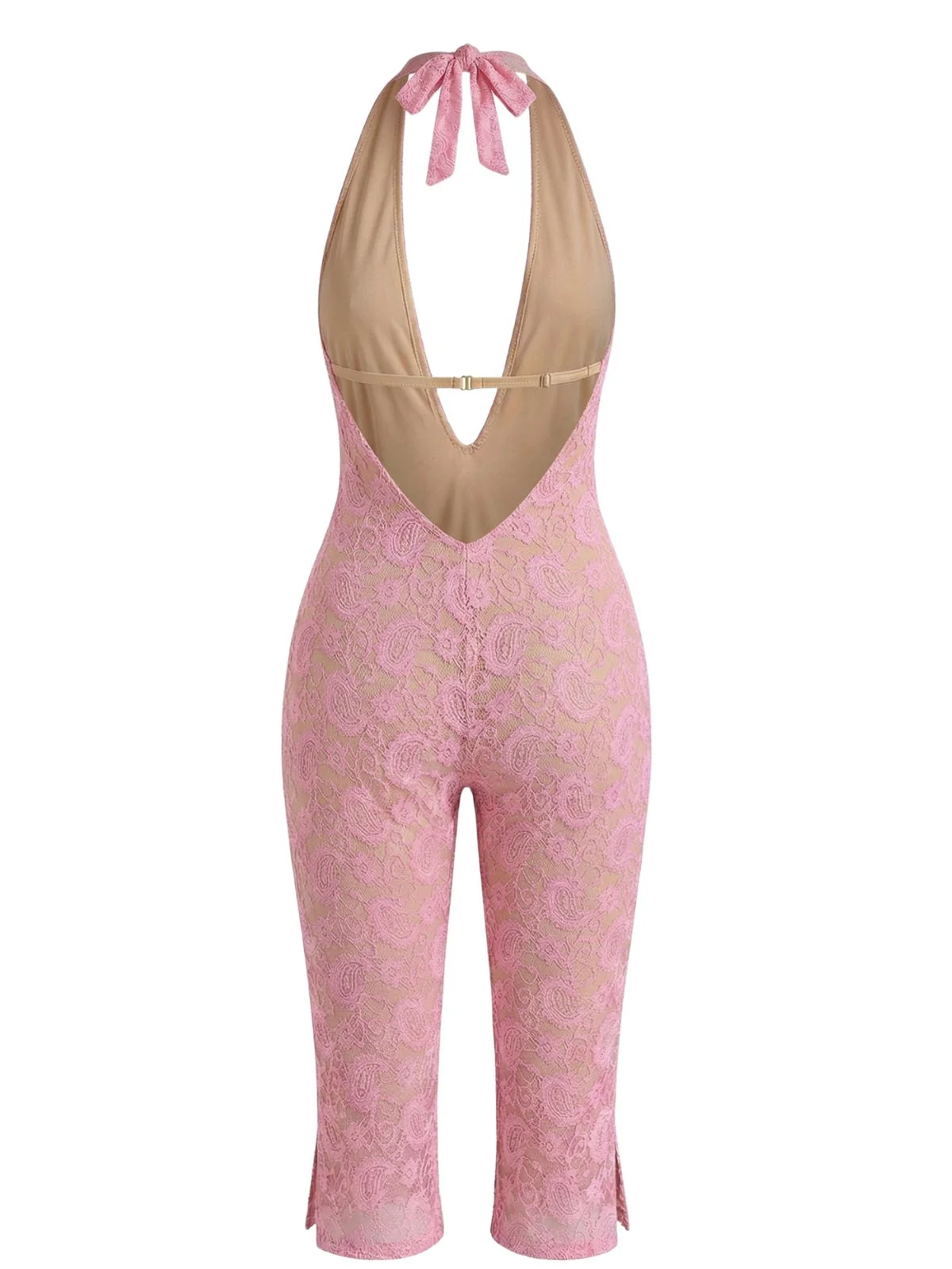 Pink Y2K Floral Lace Halter Plunging Backless Bodycon Jumpsuit - Image 3