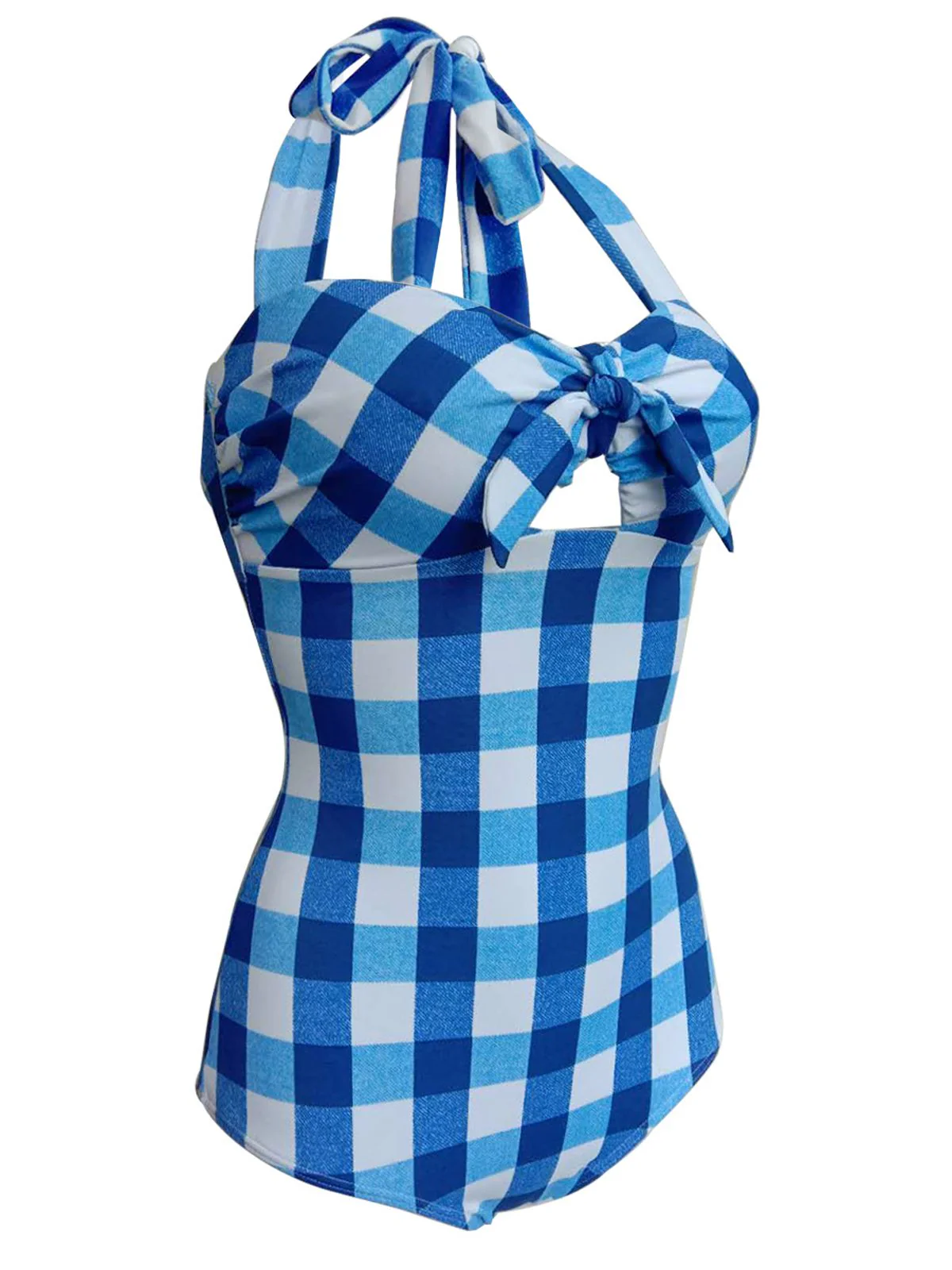 Blue 1950s Plaid Halter One-Piece Swimsuit - Image 2