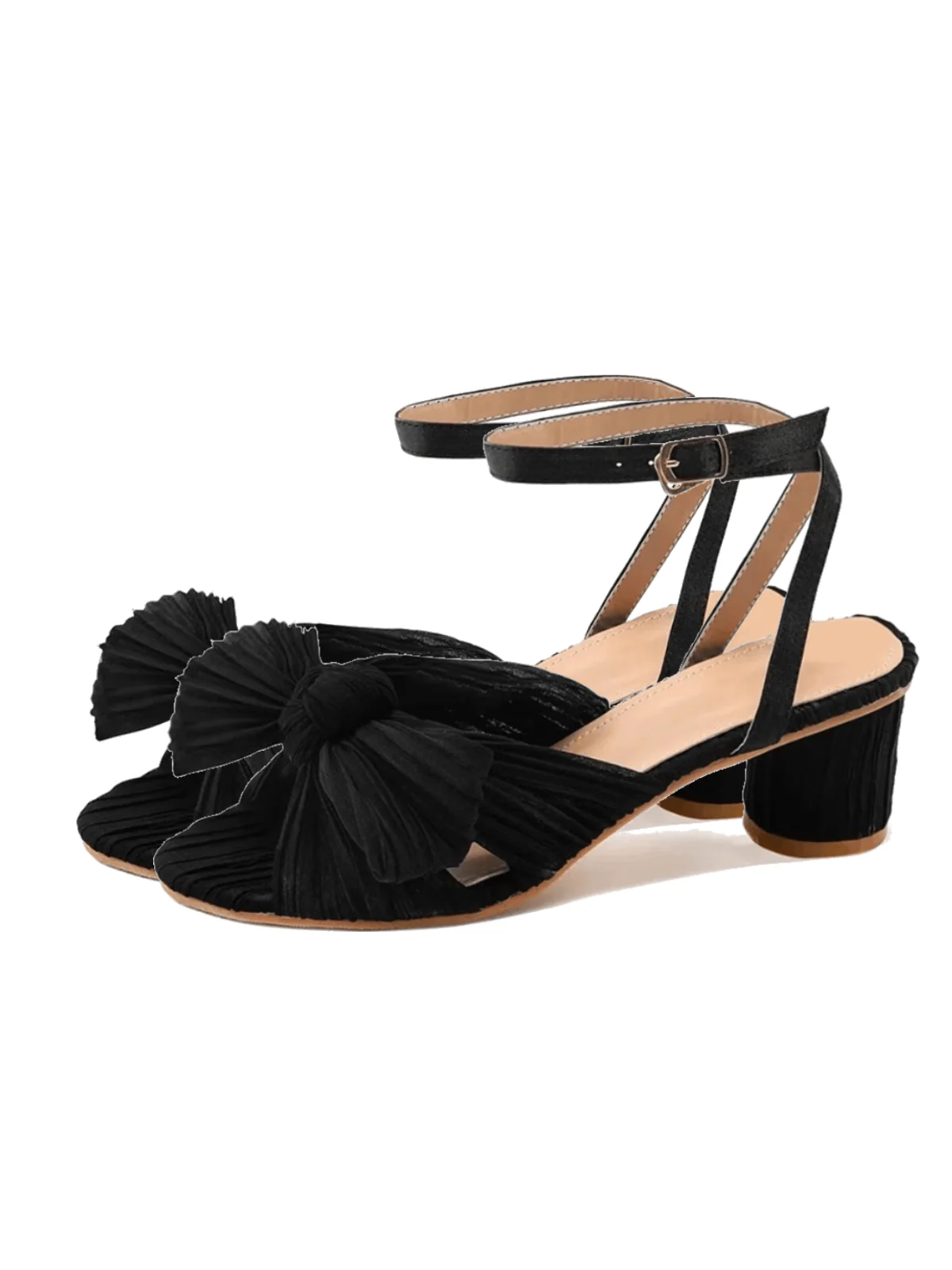 Pleated Chiffon Bowknot Chunky Heels Sandals - Image 13