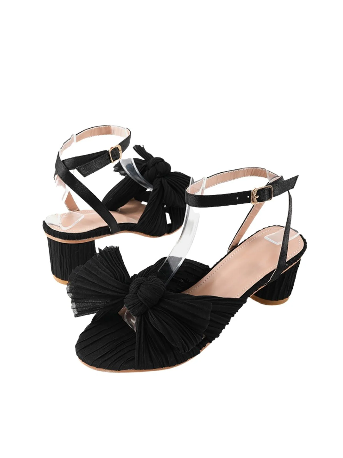 Pleated Chiffon Bowknot Chunky Heels Sandals - Image 14