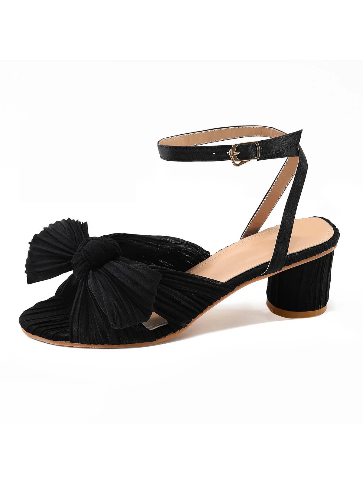 Pleated Chiffon Bowknot Chunky Heels Sandals - Image 15