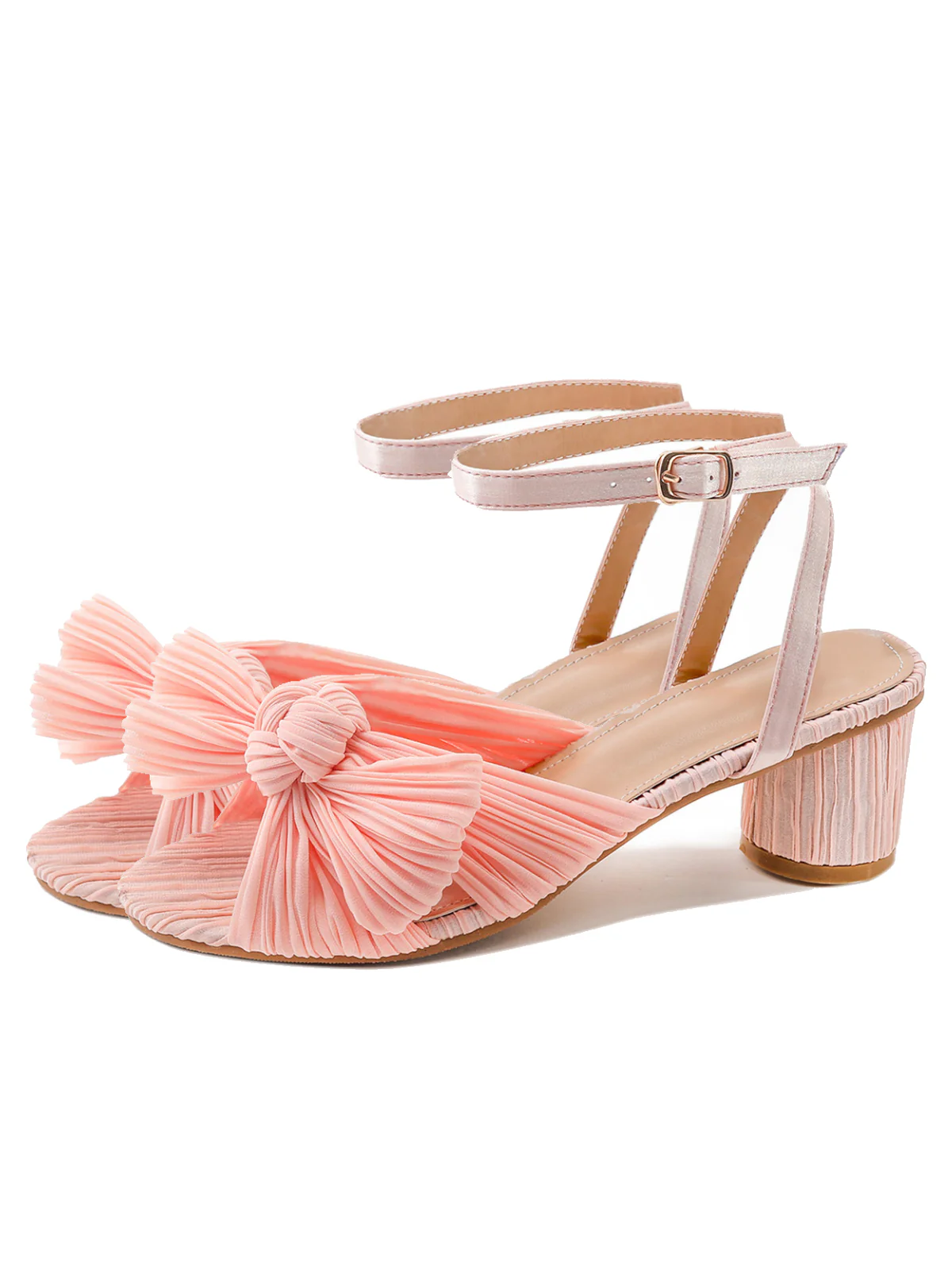 Pleated Chiffon Bowknot Chunky Heels Sandals - Image 2