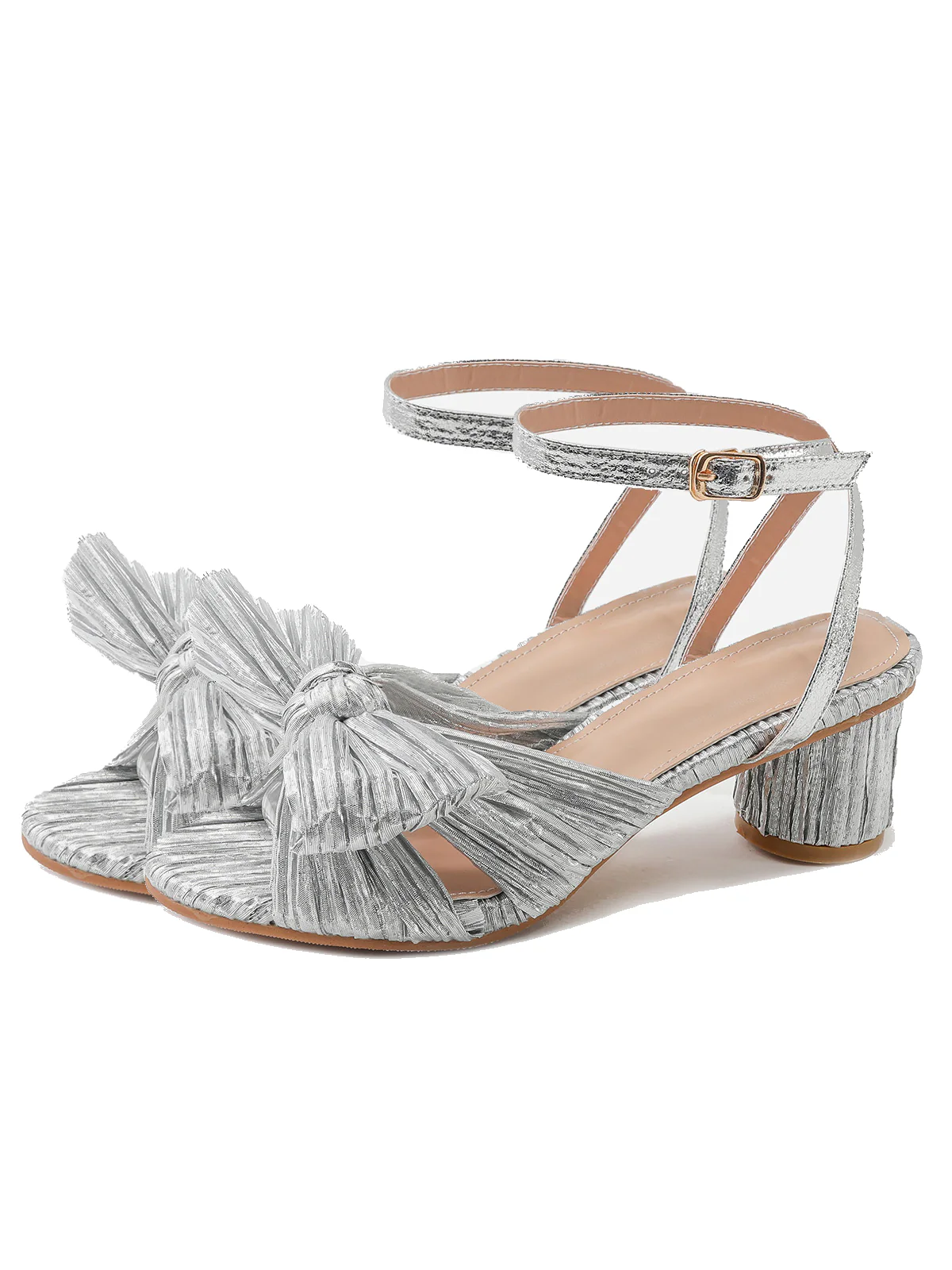 Pleated Chiffon Bowknot Chunky Heels Sandals - Image 6