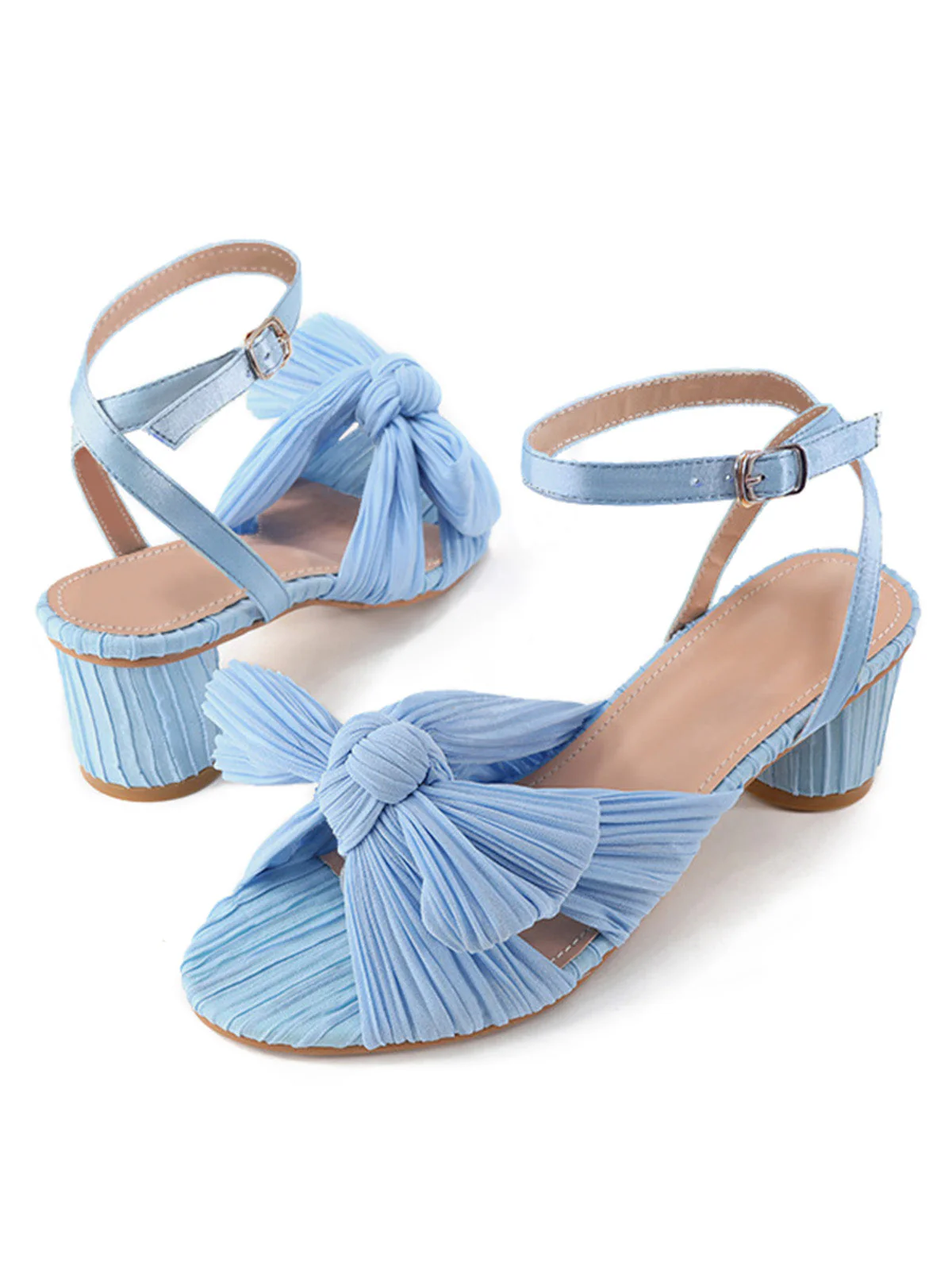 Pleated Chiffon Bowknot Chunky Heels Sandals - Image 9