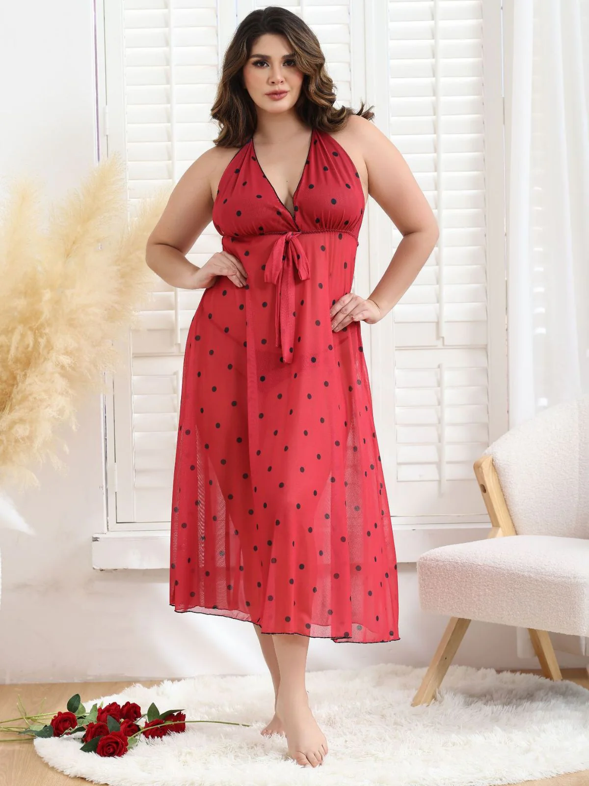 [Plus Size] 1930s Bow Tie Back Backless Polka Dot Nightgown - Image 2