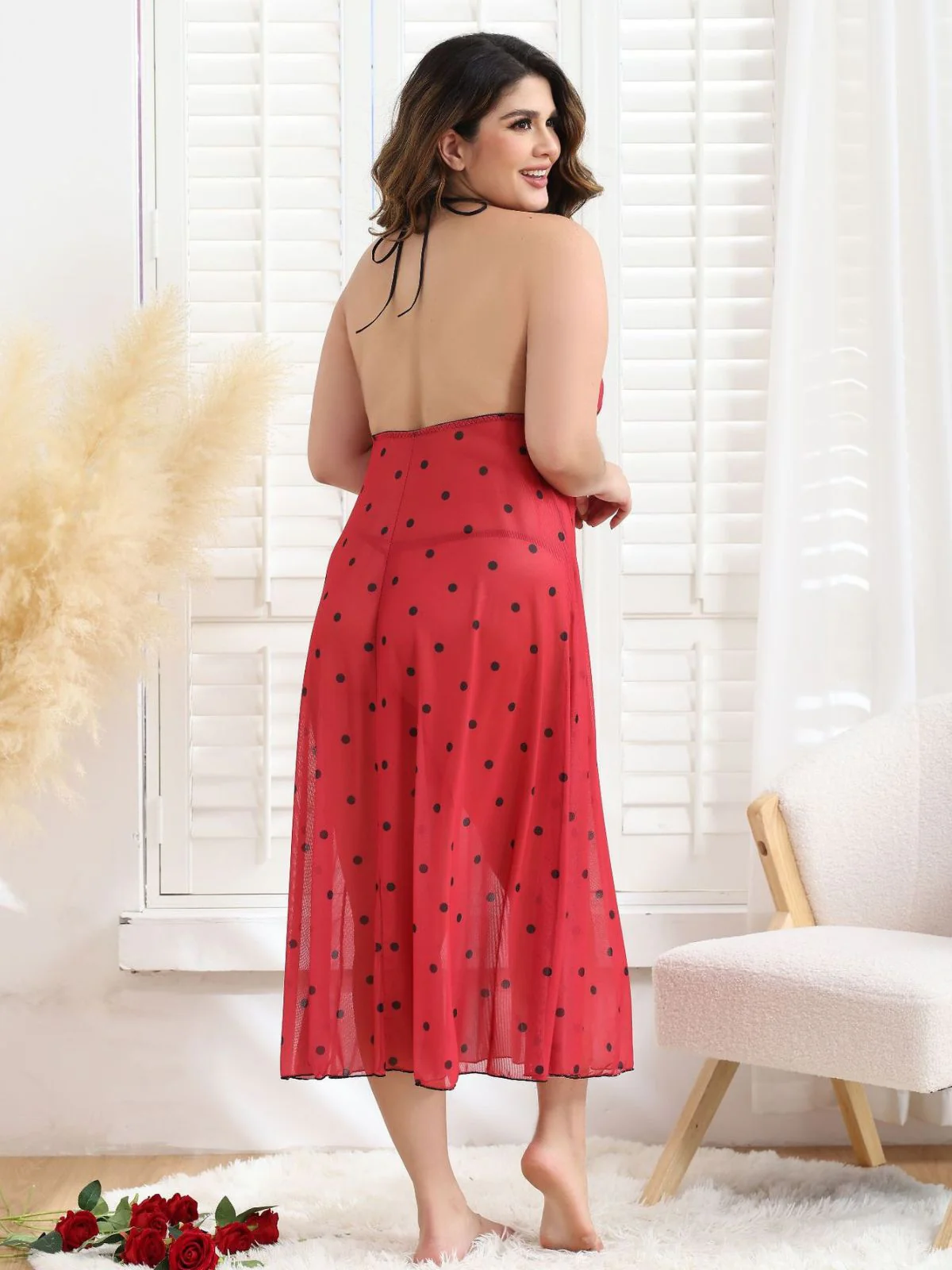 [Plus Size] 1930s Bow Tie Back Backless Polka Dot Nightgown - Image 3