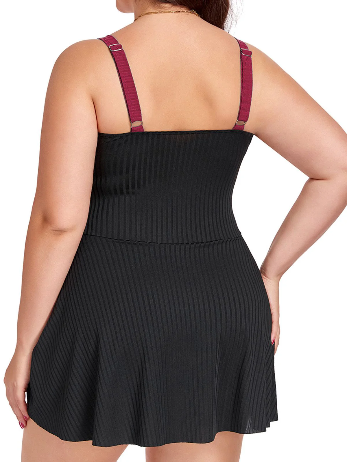 [Plus Size] 1930s Color Block Ribbed One-Piece Swimsuit - Image 3