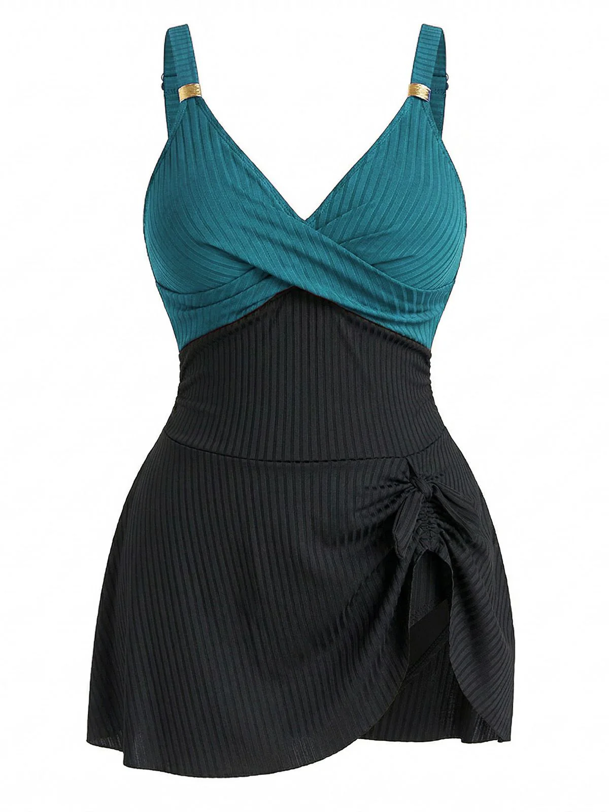 [Plus Size] 1930s Color Block Ribbed One-Piece Swimsuit - Image 4