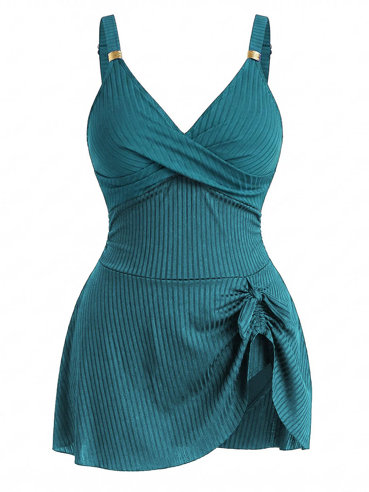 [Plus Size] 1930s Color Block Ribbed One-Piece Swimsuit - Image 6