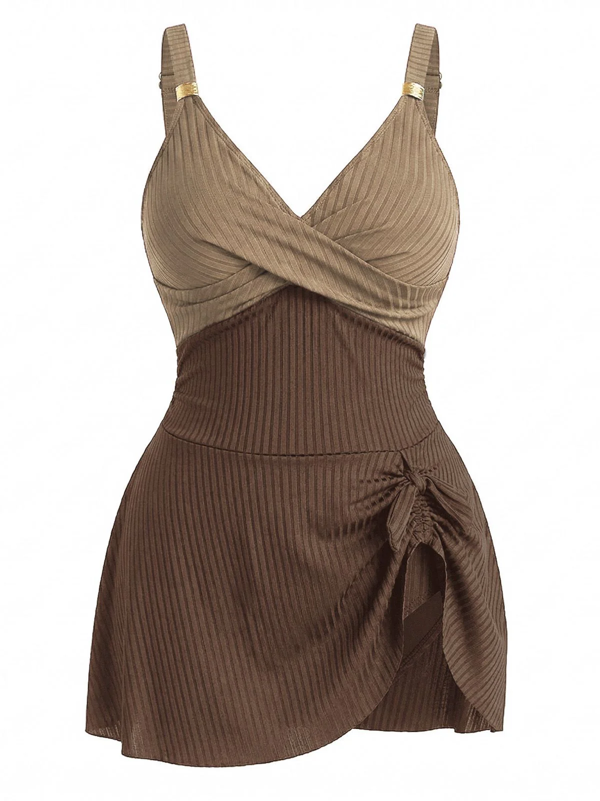 [Plus Size] 1930s Color Block Ribbed One-Piece Swimsuit - Image 8