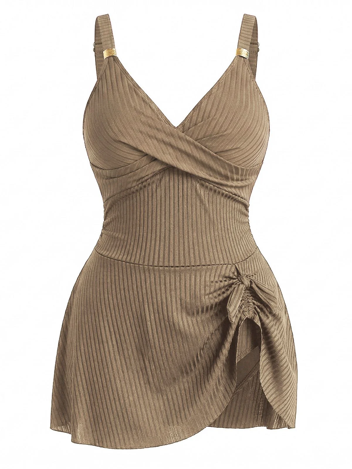 [Plus Size] 1930s Color Block Ribbed One-Piece Swimsuit - Image 9