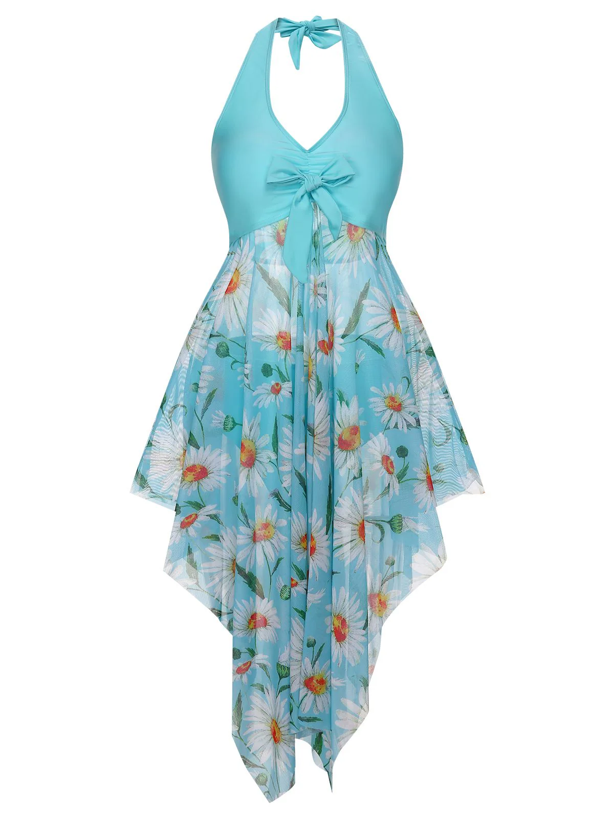 [Plus Size] 1930S Daisy Bow Halter Skirt Swimsuit - Image 2