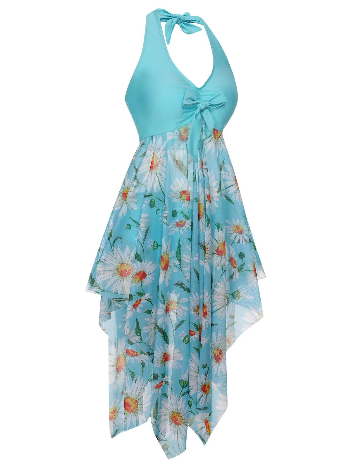 [Plus Size] 1930S Daisy Bow Halter Skirt Swimsuit - Image 3