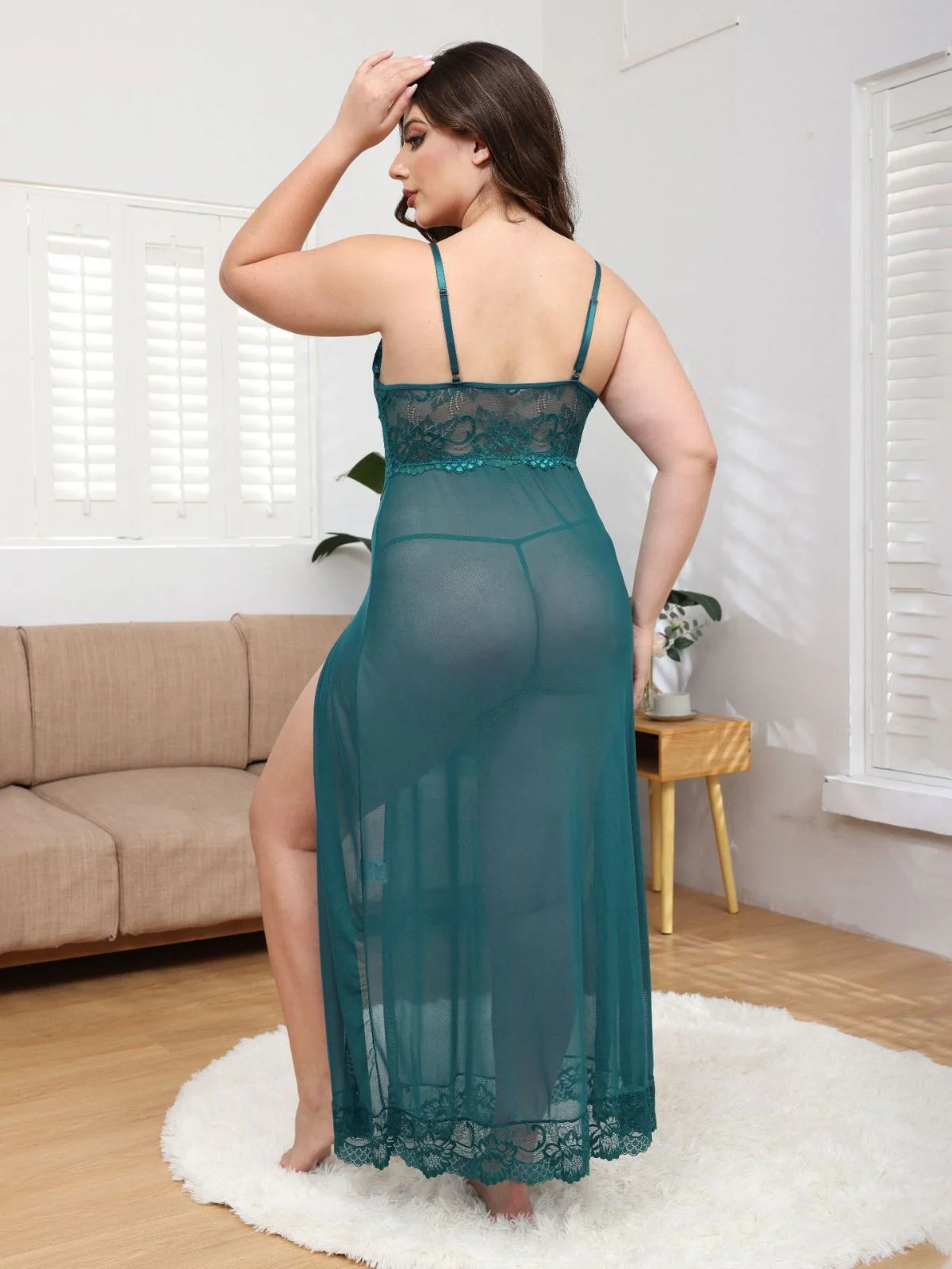 [Plus Size] 1930s Mesh Lace Suspenders Slit Nightgown - Image 11