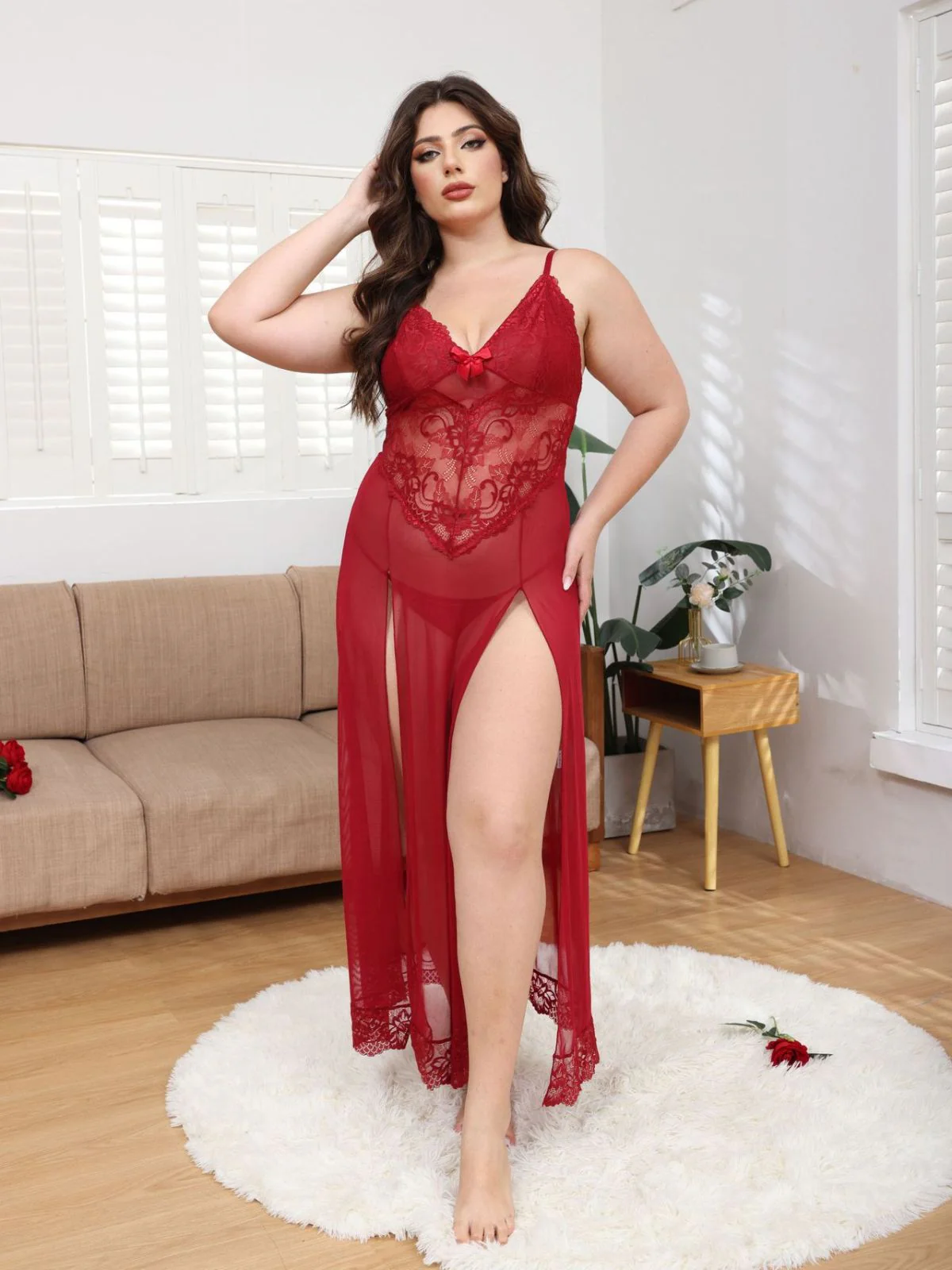 [Plus Size] 1930s Mesh Lace Suspenders Slit Nightgown - Image 5