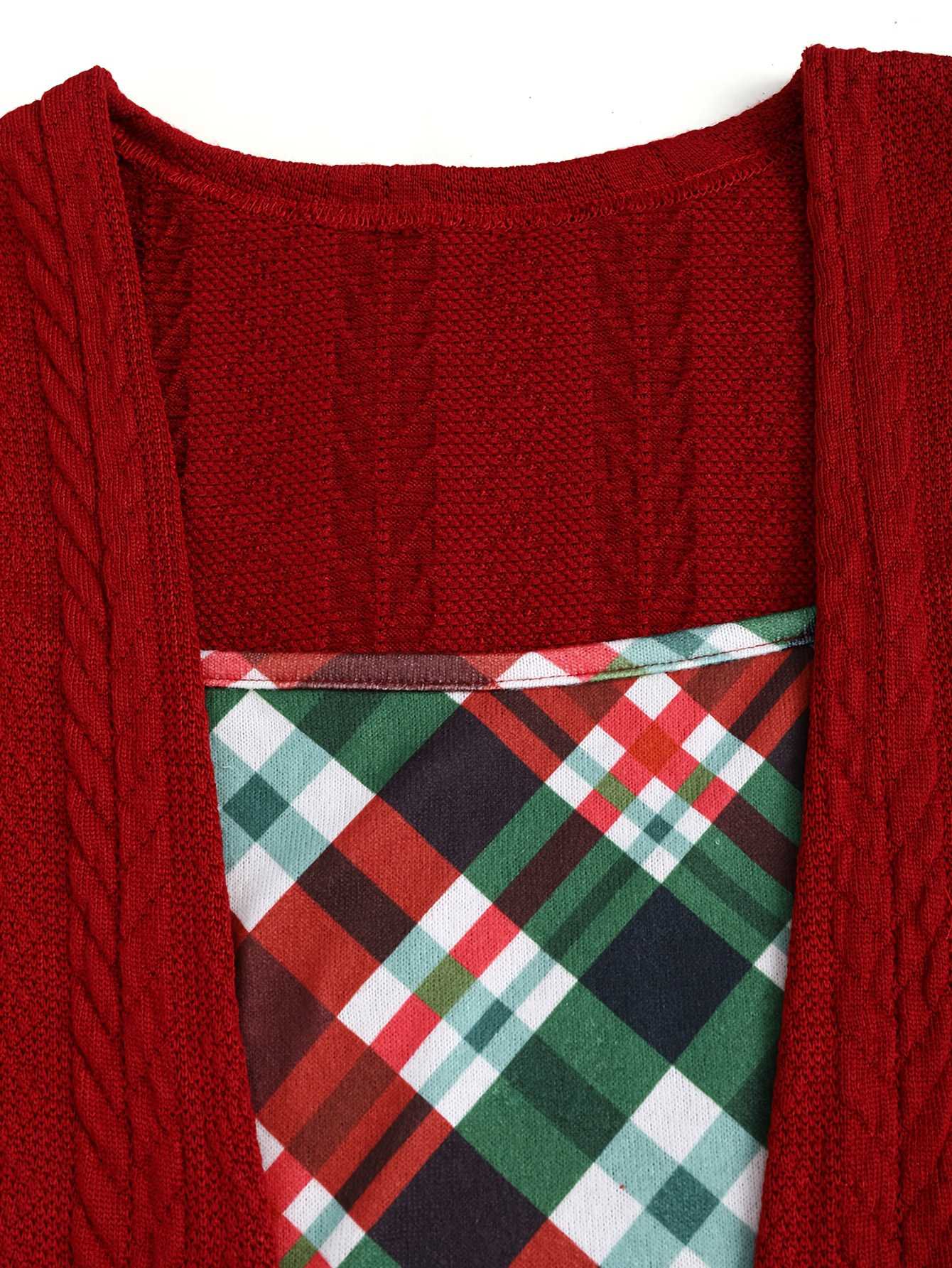 [Plus Size] 1940s Bow Plaid Knit Dress - Image 3