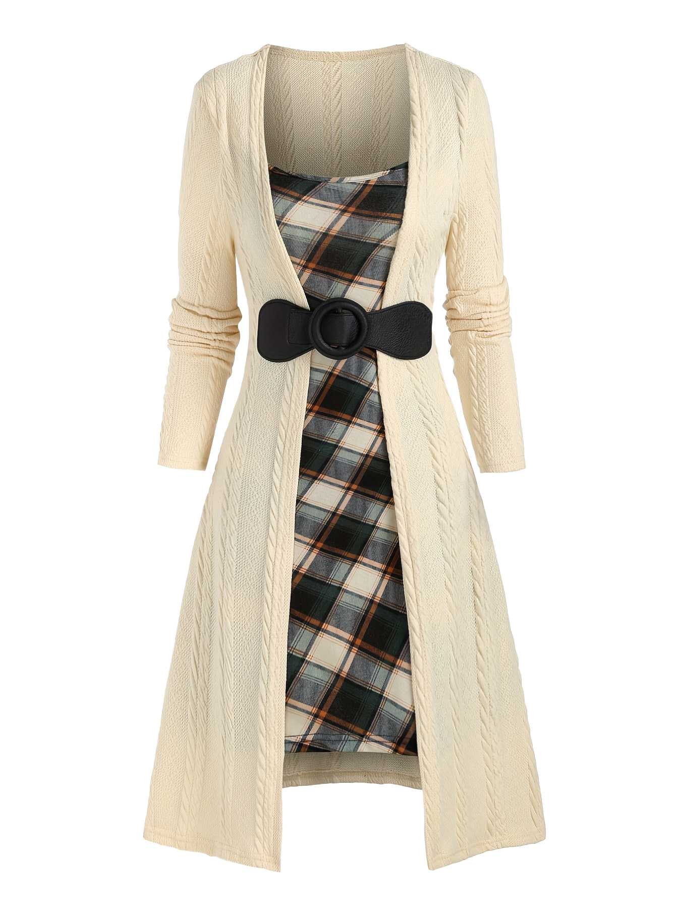 [Plus Size] 1940s Bow Plaid Knit Dress - Image 5