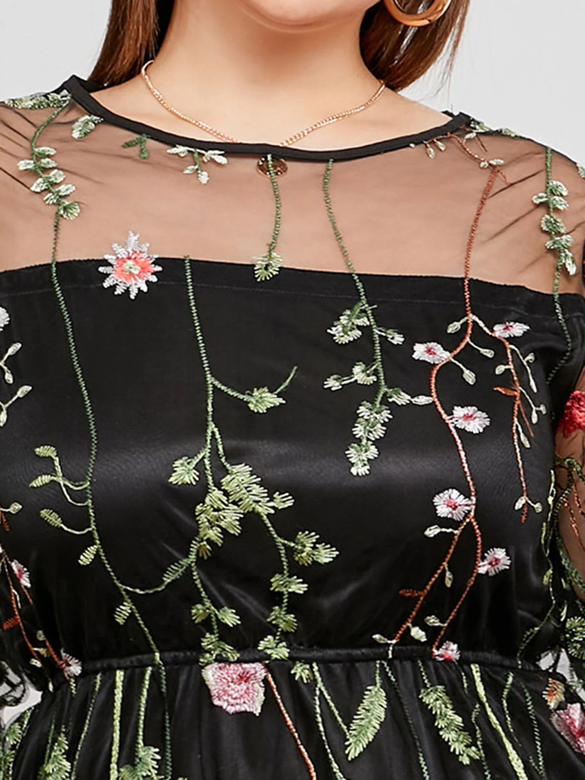 [Plus Size] 1940s Floral Embroidered Mesh Dress - Image 4