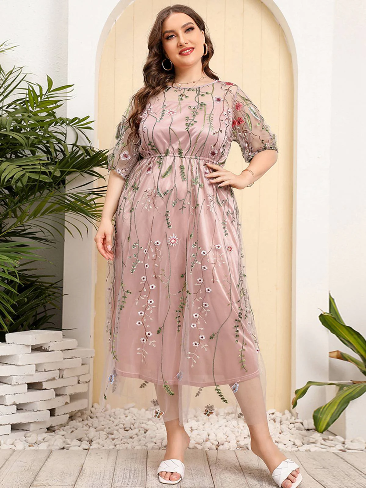[Plus Size] 1940s Floral Embroidered Mesh Dress - Image 5