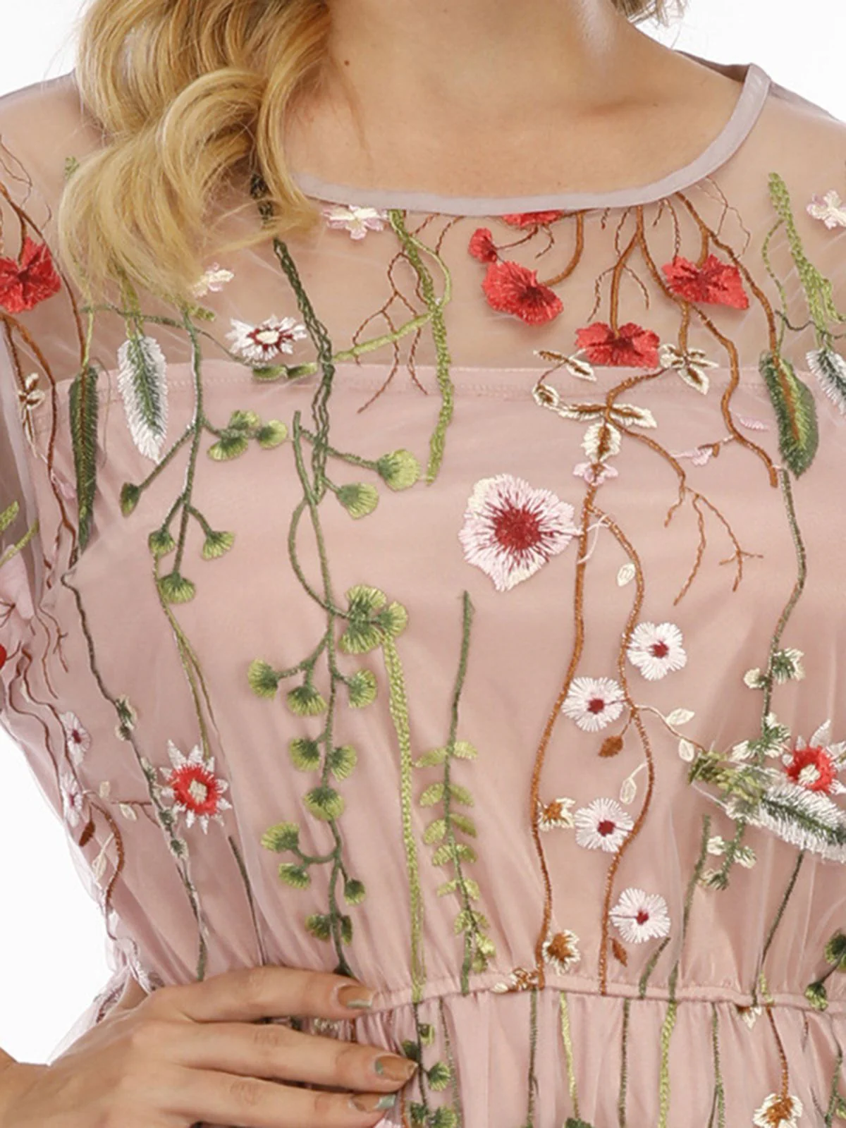 [Plus Size] 1940s Floral Embroidered Mesh Dress - Image 8