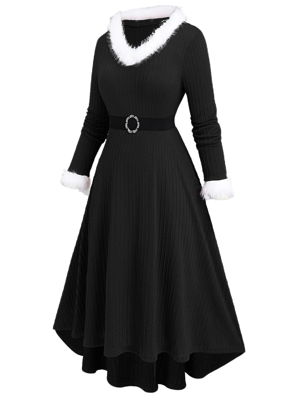 [Plus-Size] 1940s Fur Collar V-Neck Belted Dress - Image 2