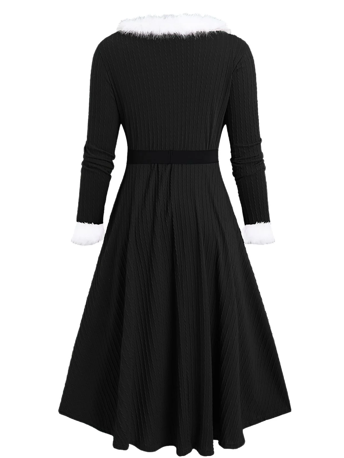 [Plus-Size] 1940s Fur Collar V-Neck Belted Dress - Image 3