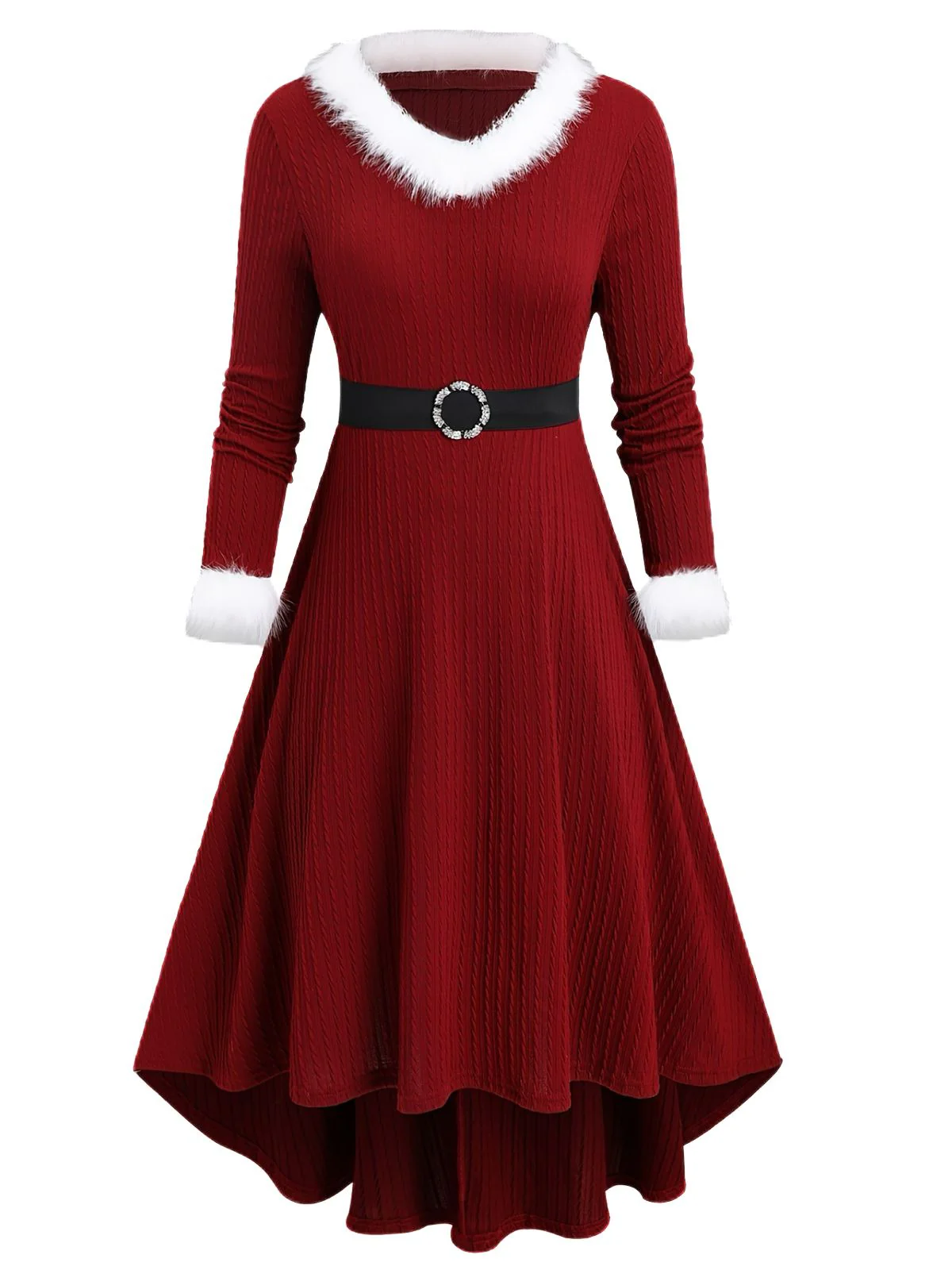 [Plus-Size] 1940s Fur Collar V-Neck Belted Dress - Image 4