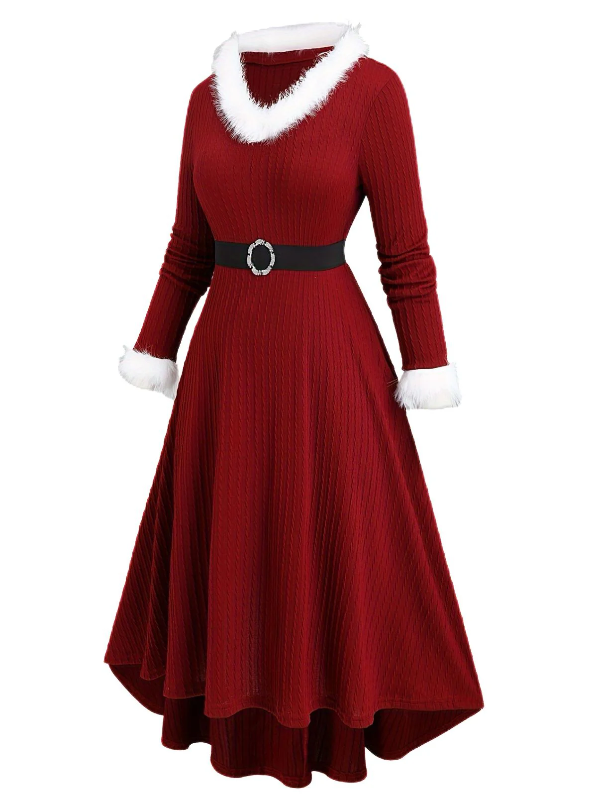 [Plus-Size] 1940s Fur Collar V-Neck Belted Dress - Image 5