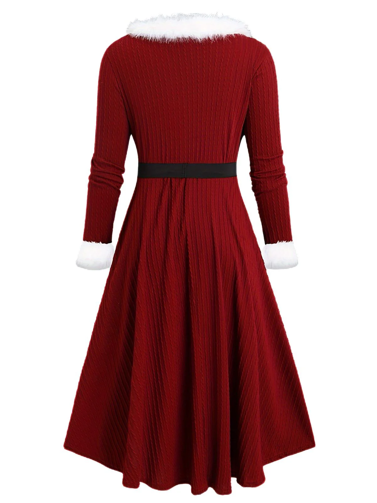 [Plus-Size] 1940s Fur Collar V-Neck Belted Dress - Image 6