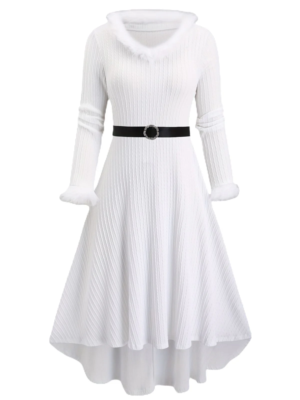 [Plus-Size] 1940s Fur Collar V-Neck Belted Dress - Image 7