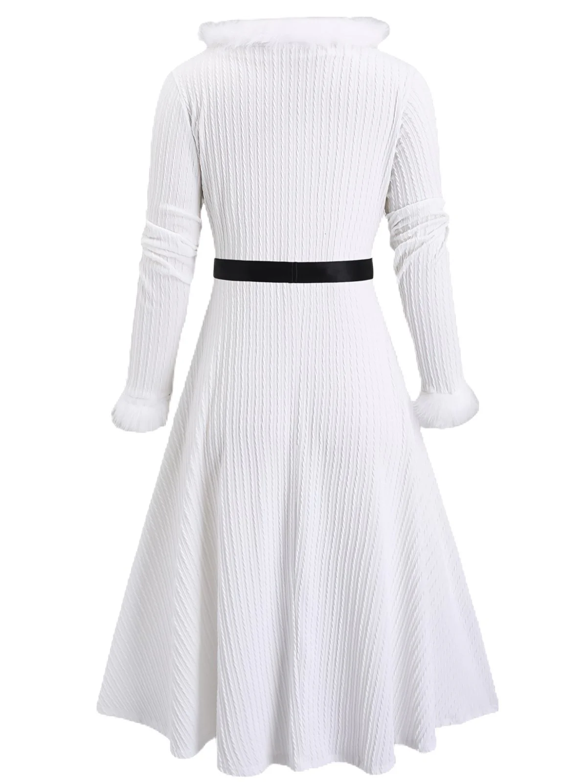 [Plus-Size] 1940s Fur Collar V-Neck Belted Dress - Image 8