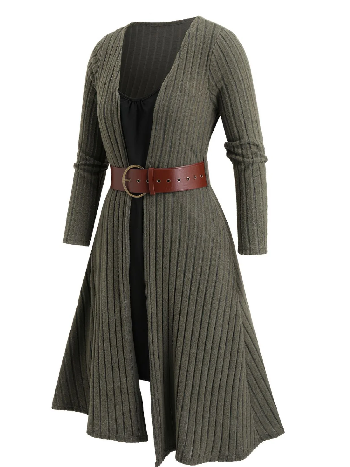 [Plus Size] Green 1940s Knit Layered Long Sleeve Belted Dress - Image 2