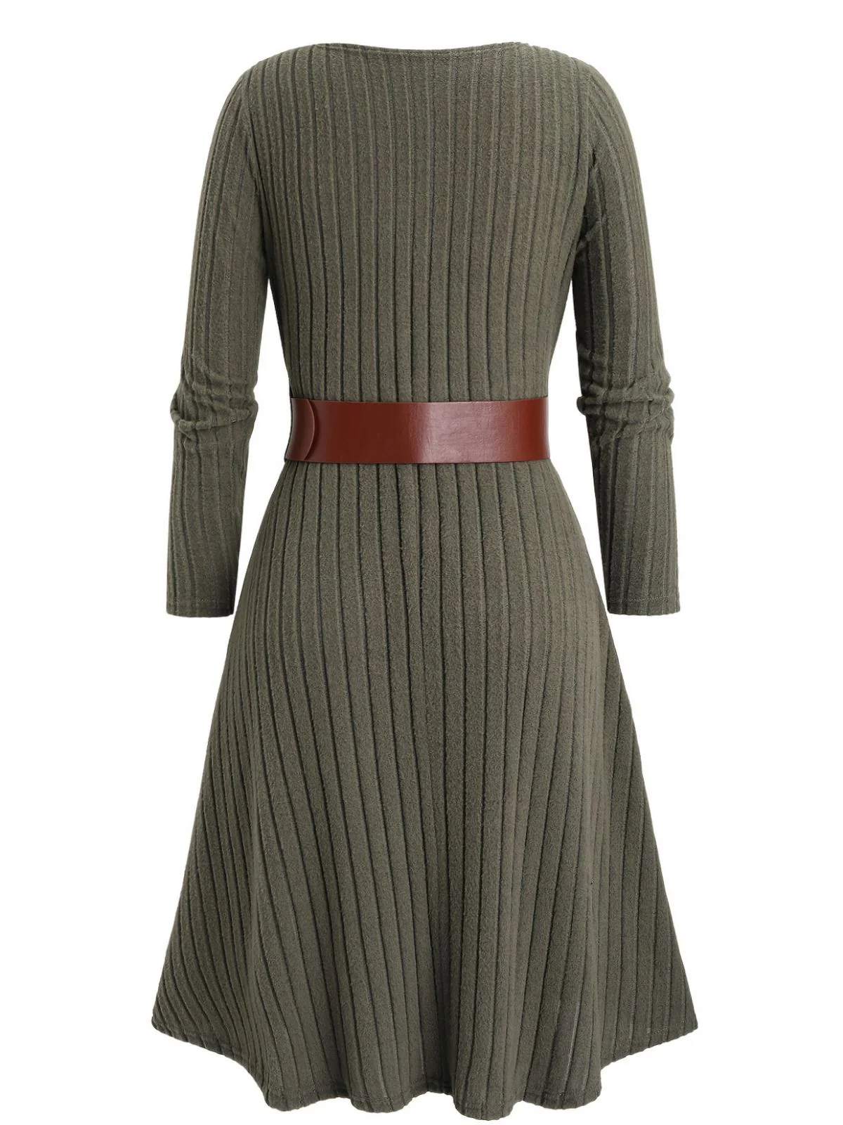 [Plus Size] Green 1940s Knit Layered Long Sleeve Belted Dress - Image 3