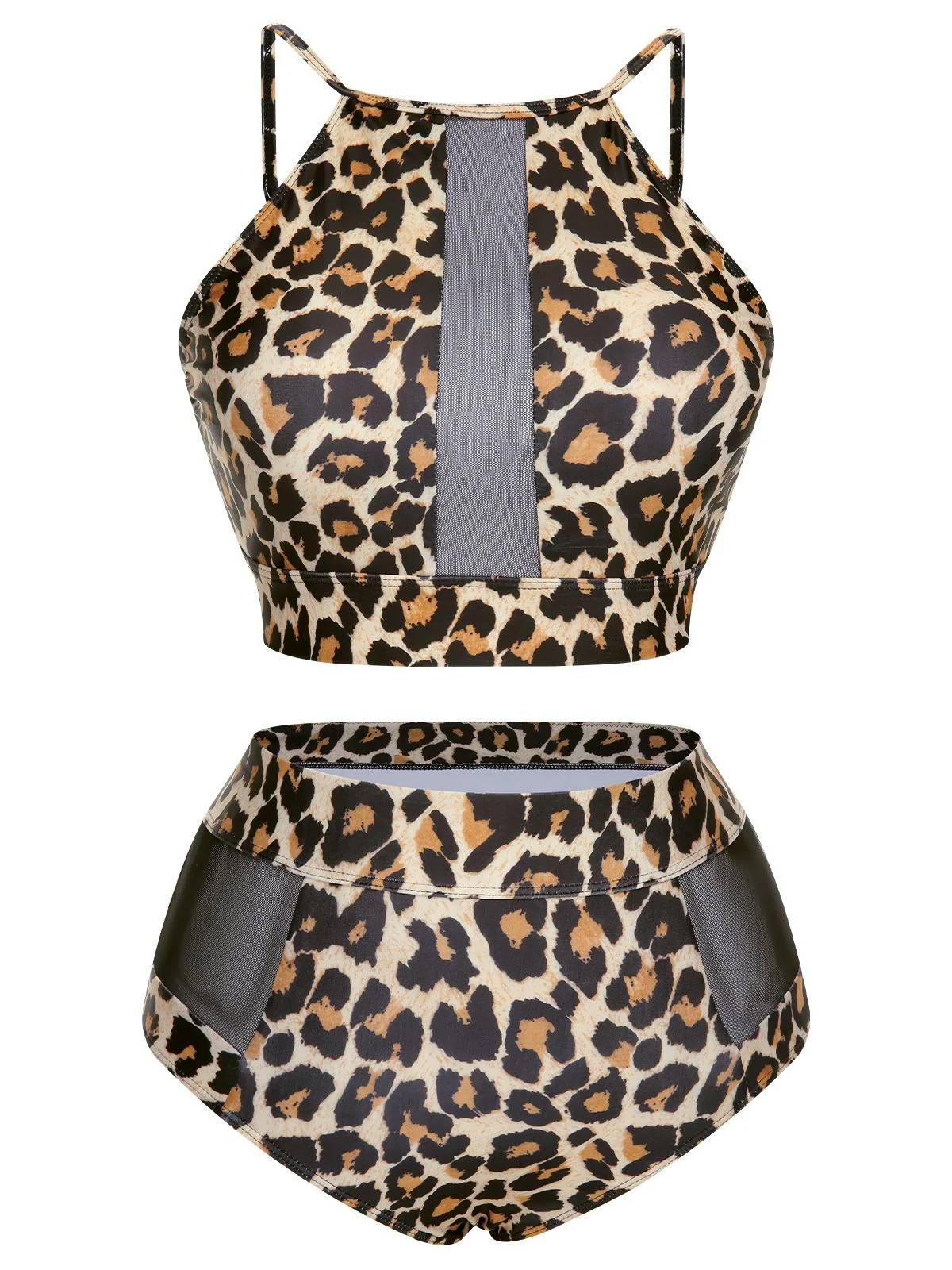 [Plus Size] 1940s Leopard Mesh Patchwork Swimsuit - Image 2