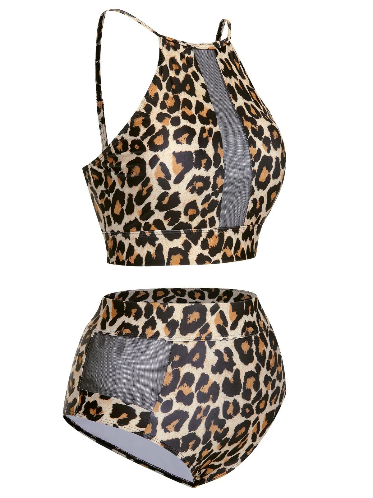 [Plus Size] 1940s Leopard Mesh Patchwork Swimsuit - Image 3