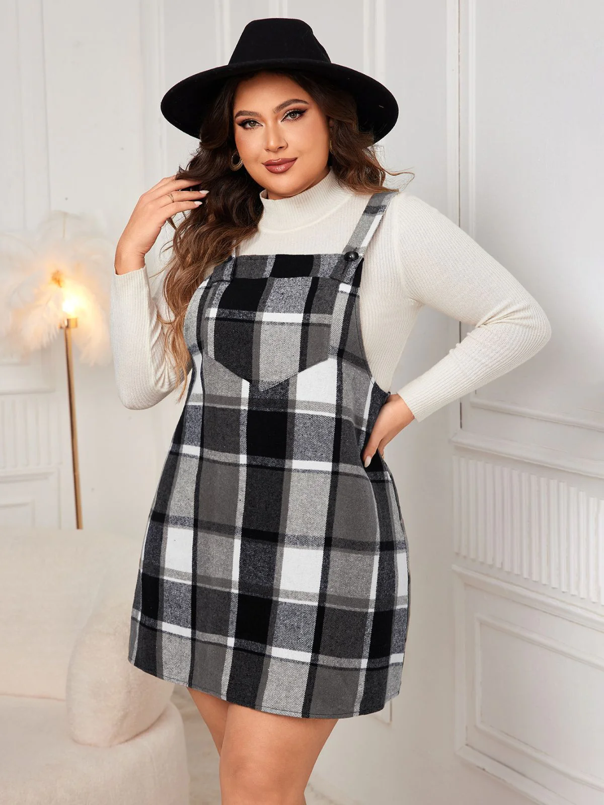 [Plus Size] 1940s Plaid Button-Strap Pinafore Dress - Image 2